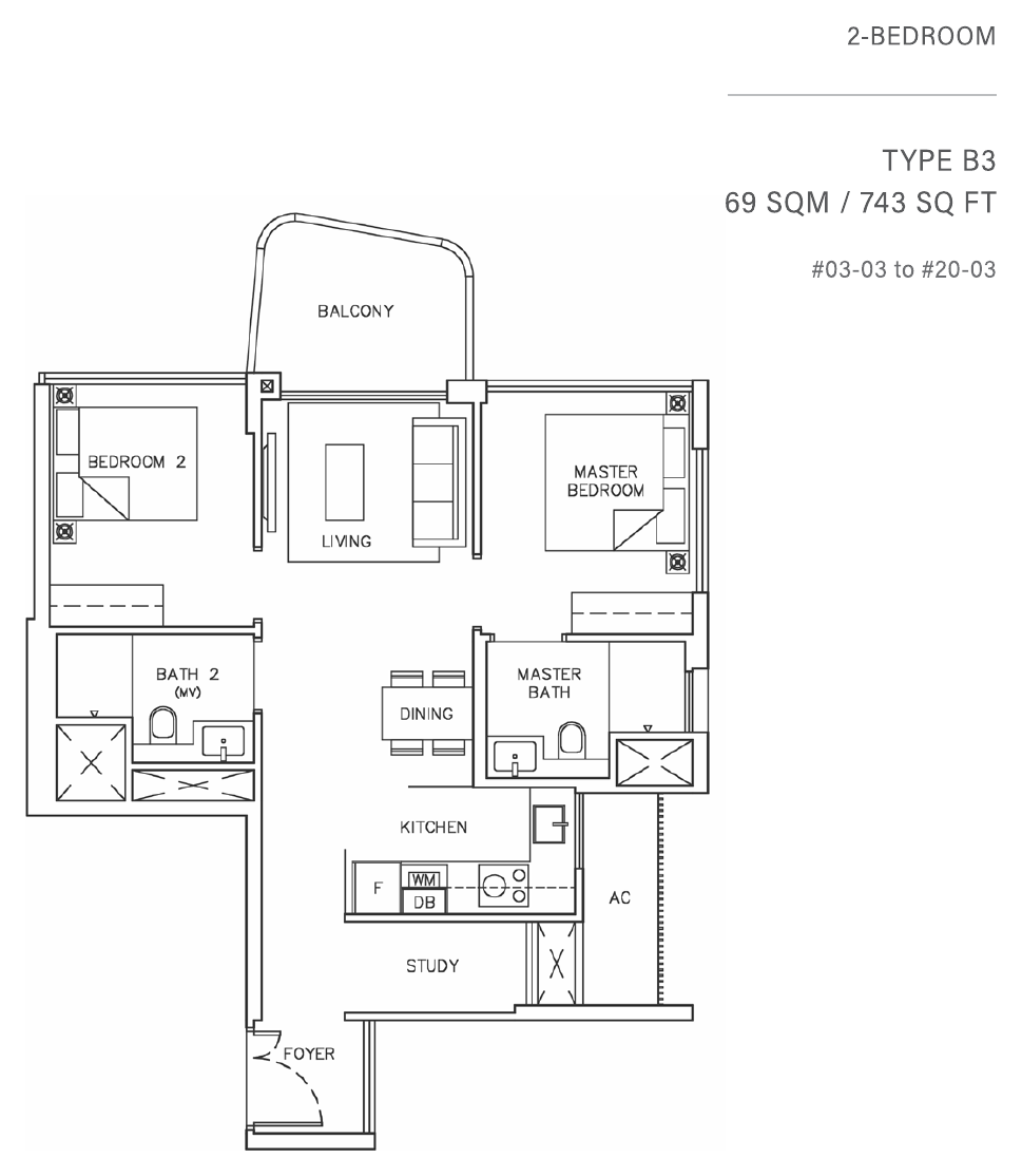 Type B3 · 2-Bedroom + Study · 743 sqft
